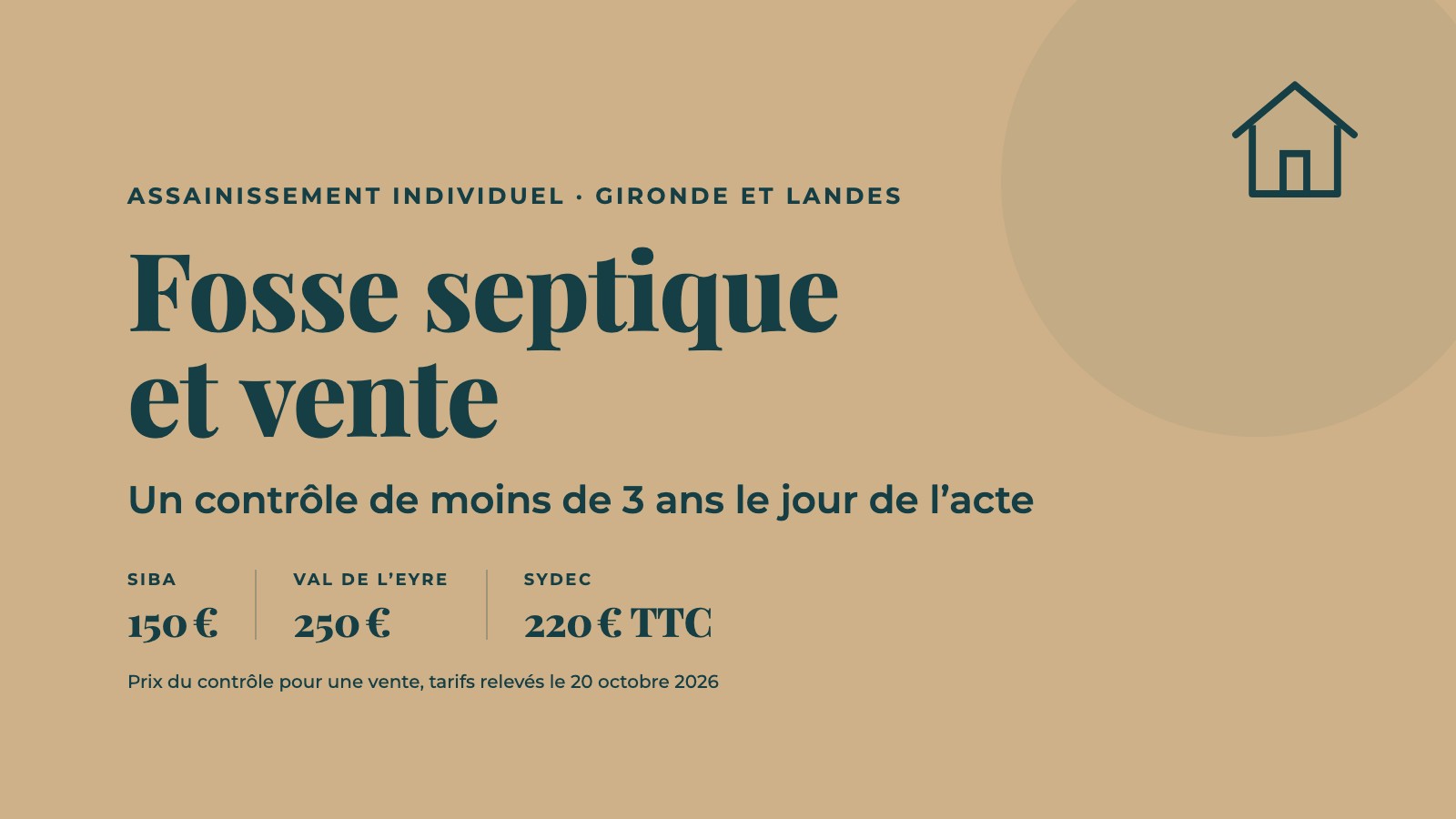 Contrôle de l’assainissement individuel avant une vente : 150 € au Siba, 250 € dans le Val de l’Eyre, 220 € TTC au SYDEC