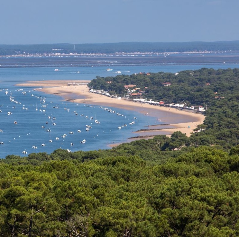 Vue aérienne du bassin et des cabanes tchanquées, La Teste-de-Buch